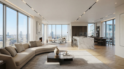 Sunlit modern interior with architectural LED track lighting